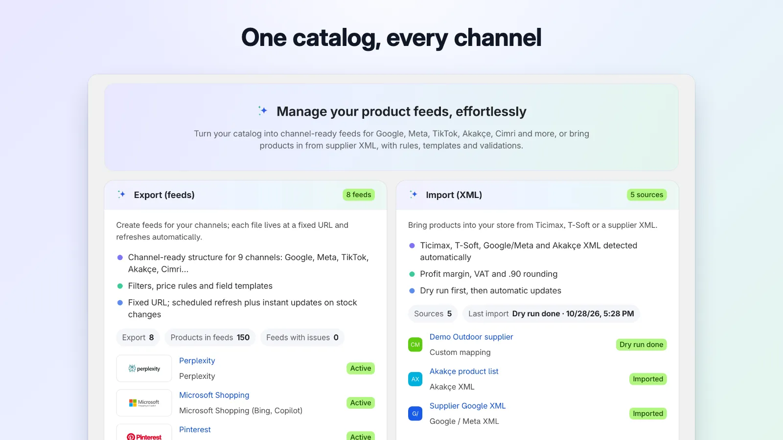 Home screen with export and import overviews: channel feeds with logos and status, and supplier XML sources