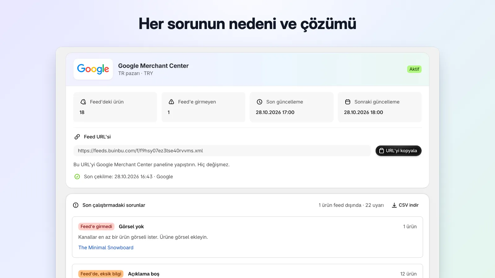Sabit feed URL'si, Google'ın son çekme zamanı ve çözümleriyle gruplanmış sorunları gösteren Google feed detayı