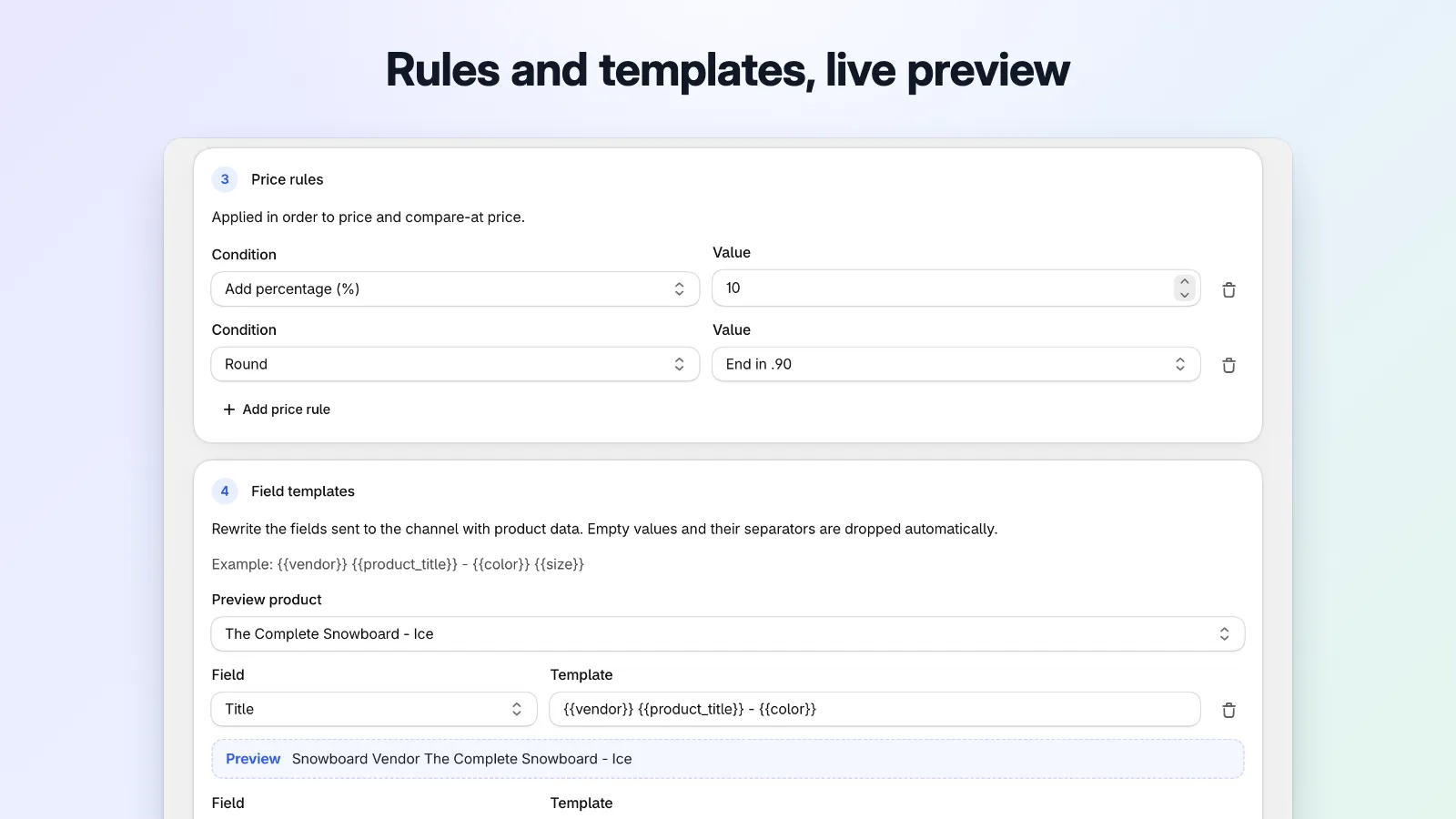Filter editor with a 10% markup, .90 rounding and field templates previewed live on a sample product