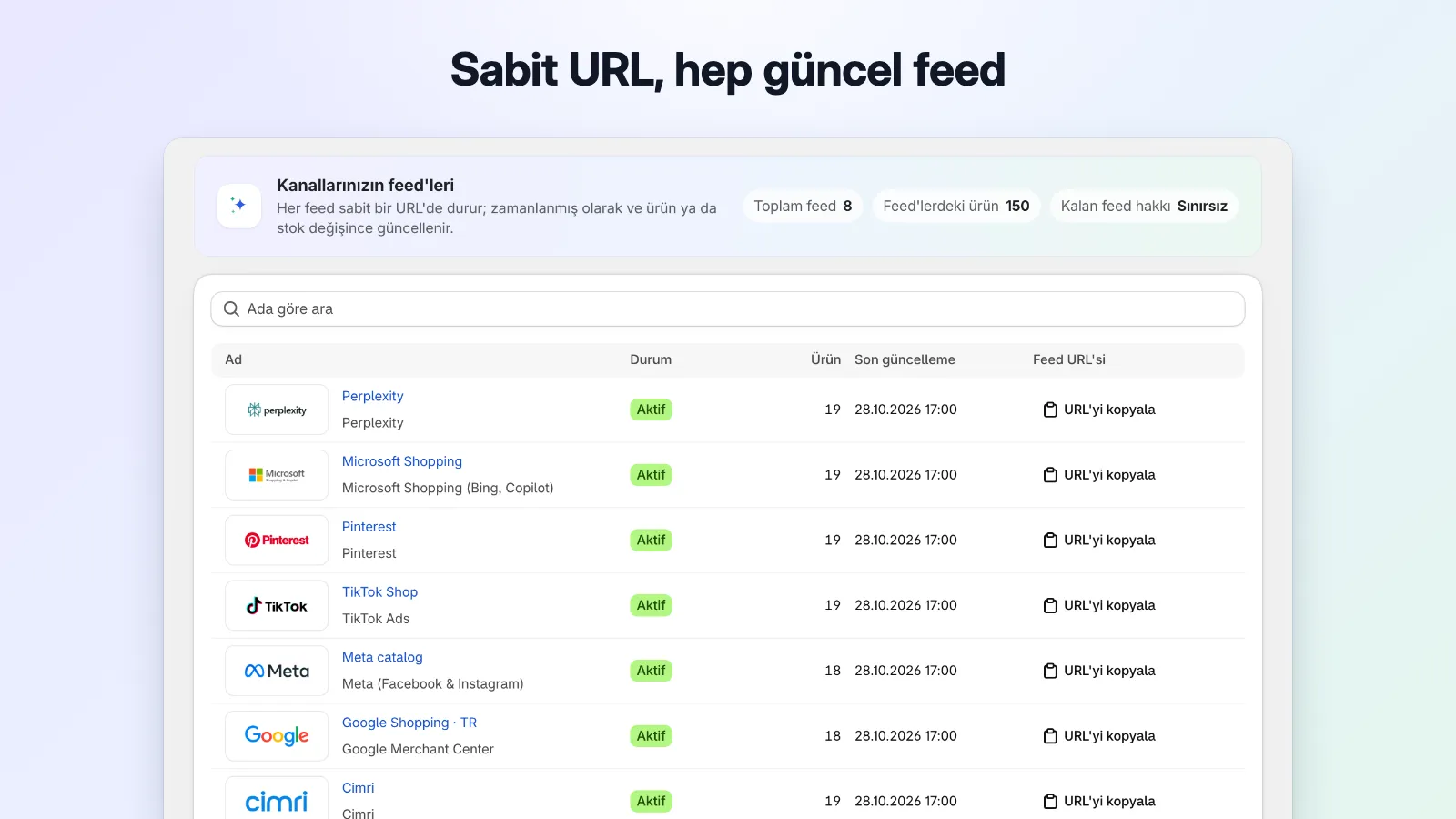 Sekiz kanalın feed'lerini durum, ürün sayısı, son güncelleme zamanı ve URL kopyalama düğmesiyle gösteren liste