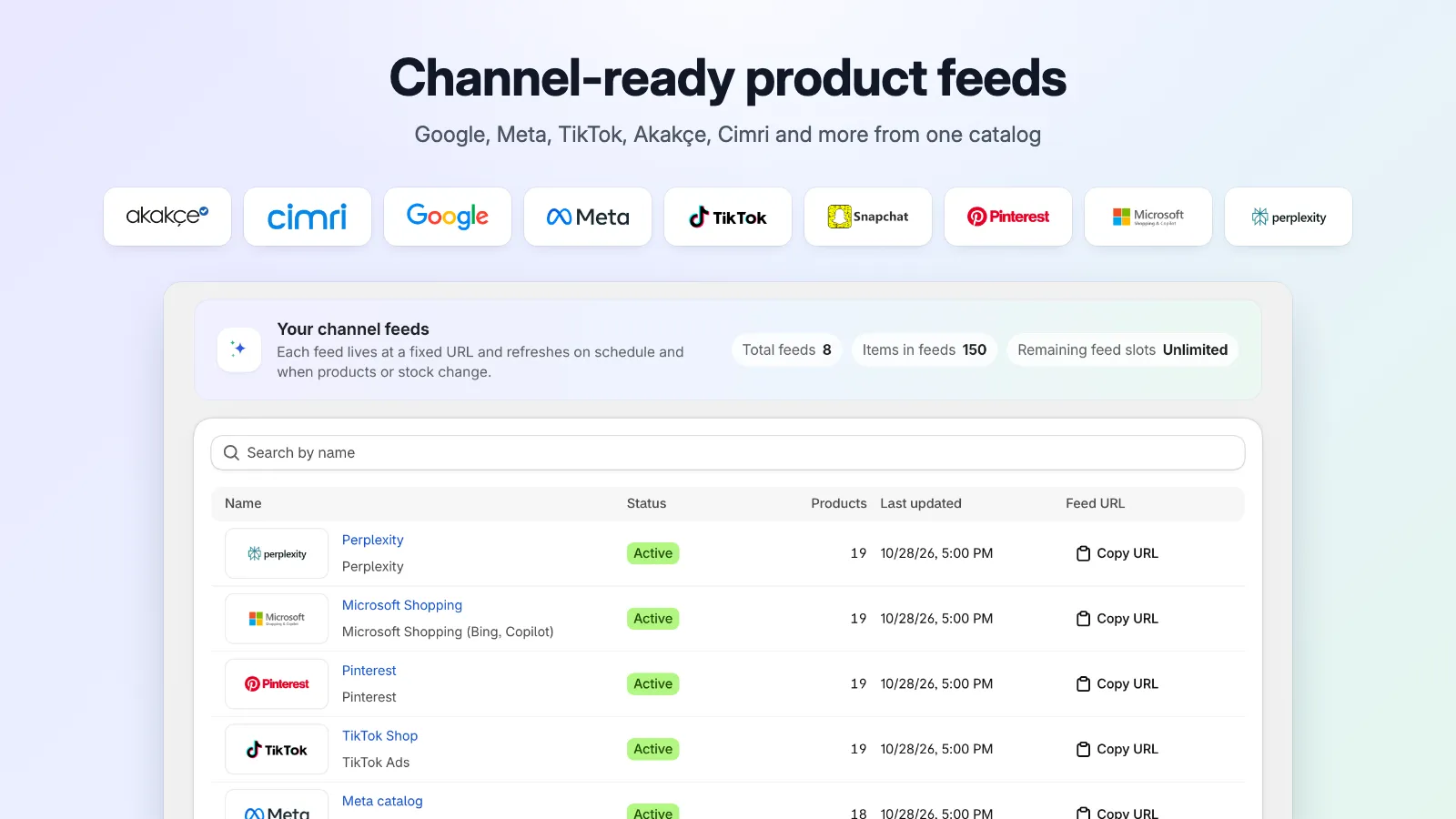 Buinbu XML Feed: channel feed list with logos, status and copyable feed URLs
